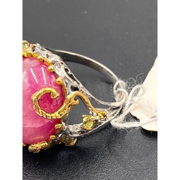 Sterling Silver Vermeil Large Ruby Cabochon Peridot Cocktail Ring Sz 8.25 - Picture 7 of 8